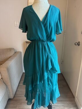 Bluebell Teal Wrap-Style Ruffle Midi Dress